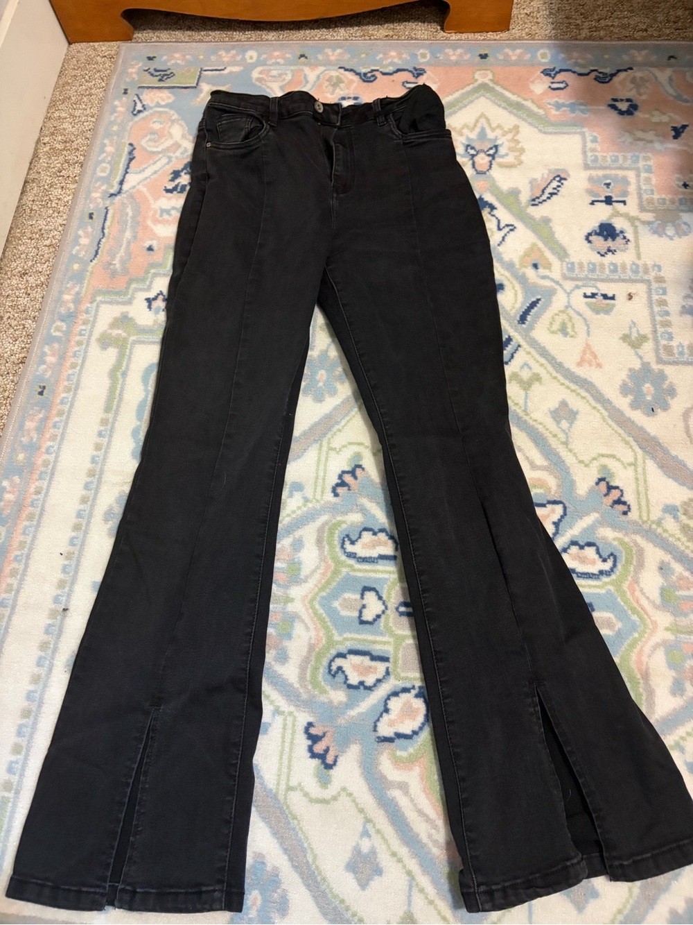 Q2 Black High-Rise Flare Jeans with Front Slits